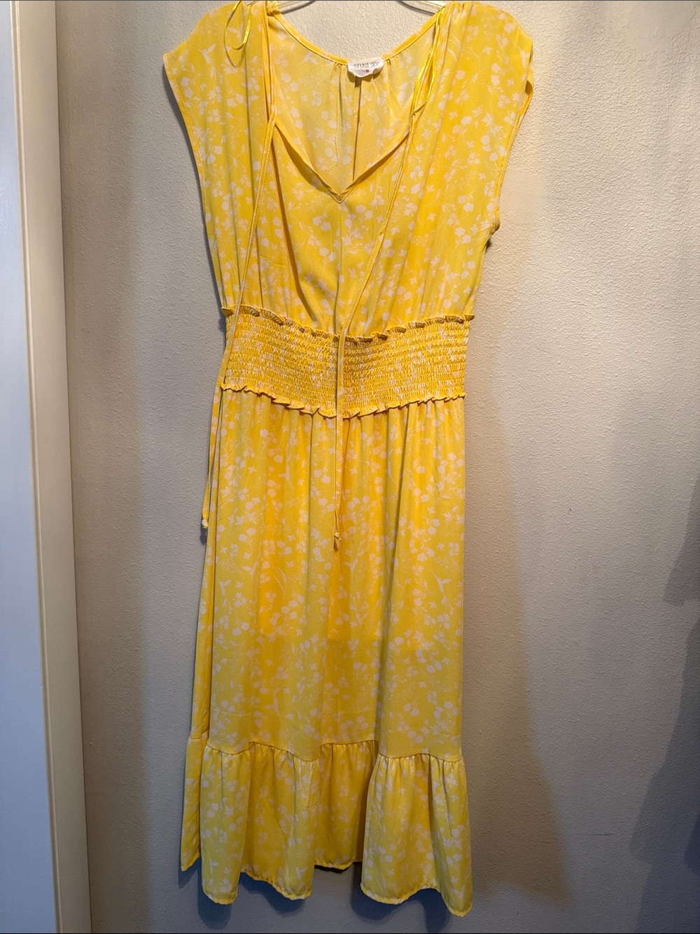 Sienna Sky Yellow Floral Smocked Waist Midi Dress with Tie Neck - Picture 4 of 7
